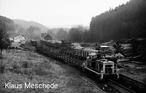 Im April 1989 rangiert die Diesellok 360 583-9 Güterwagen für die Holzverladung im Bahnhof
